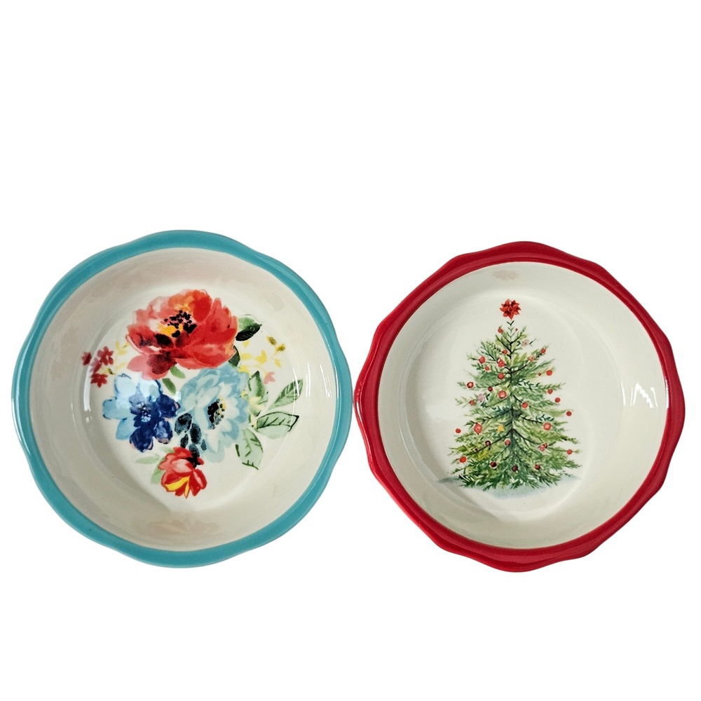 The Pioneer Woman Ramekin Set Red Teal Floral Christmas Tree Stoneware 2pc